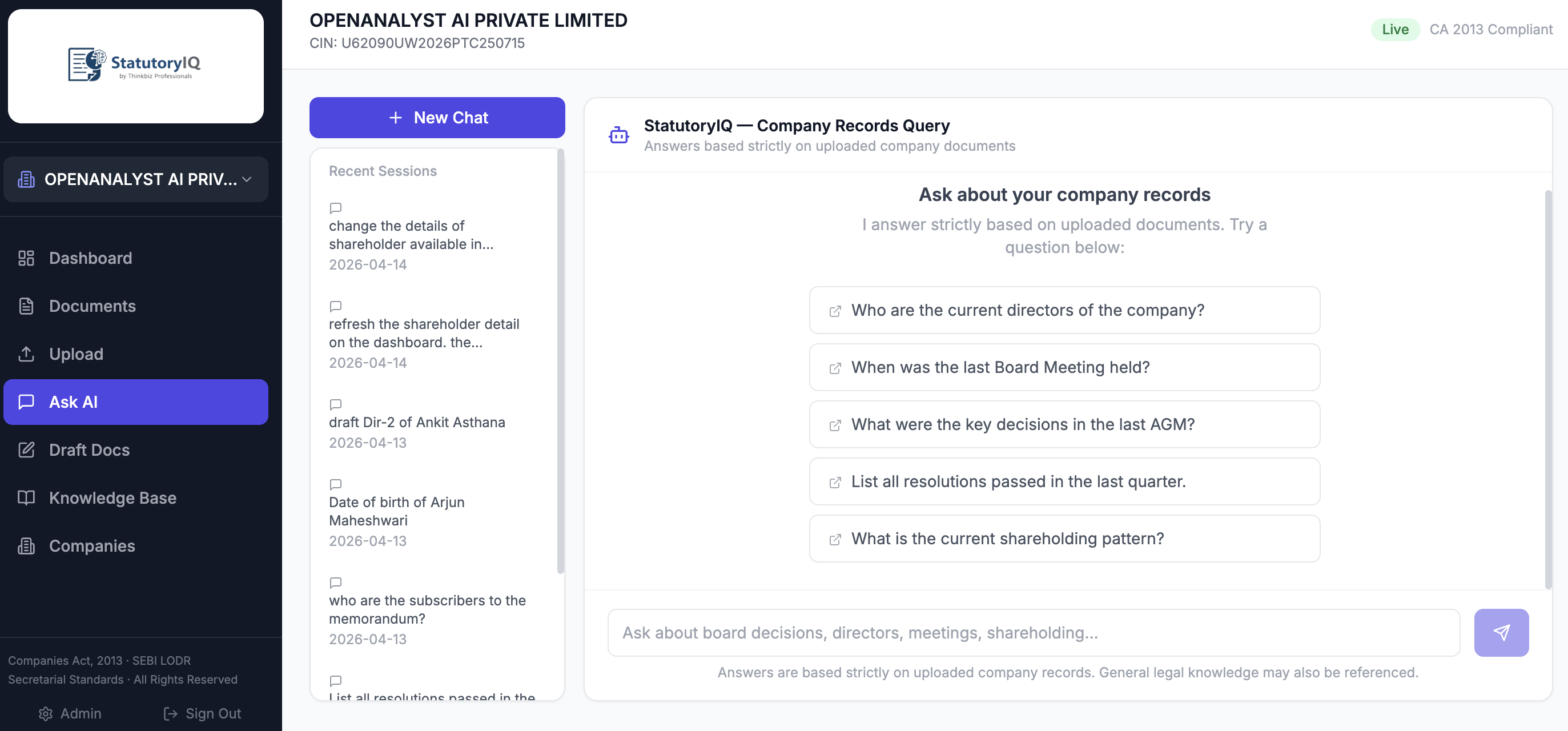 StatutoryIQ Ask AI — natural language query over company records